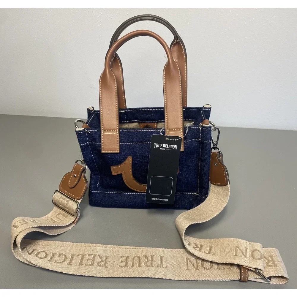 TRUE RELIGION Blue Denim Logo Mini Tote Purse Bag Adjustable Crossbody Strap NEW